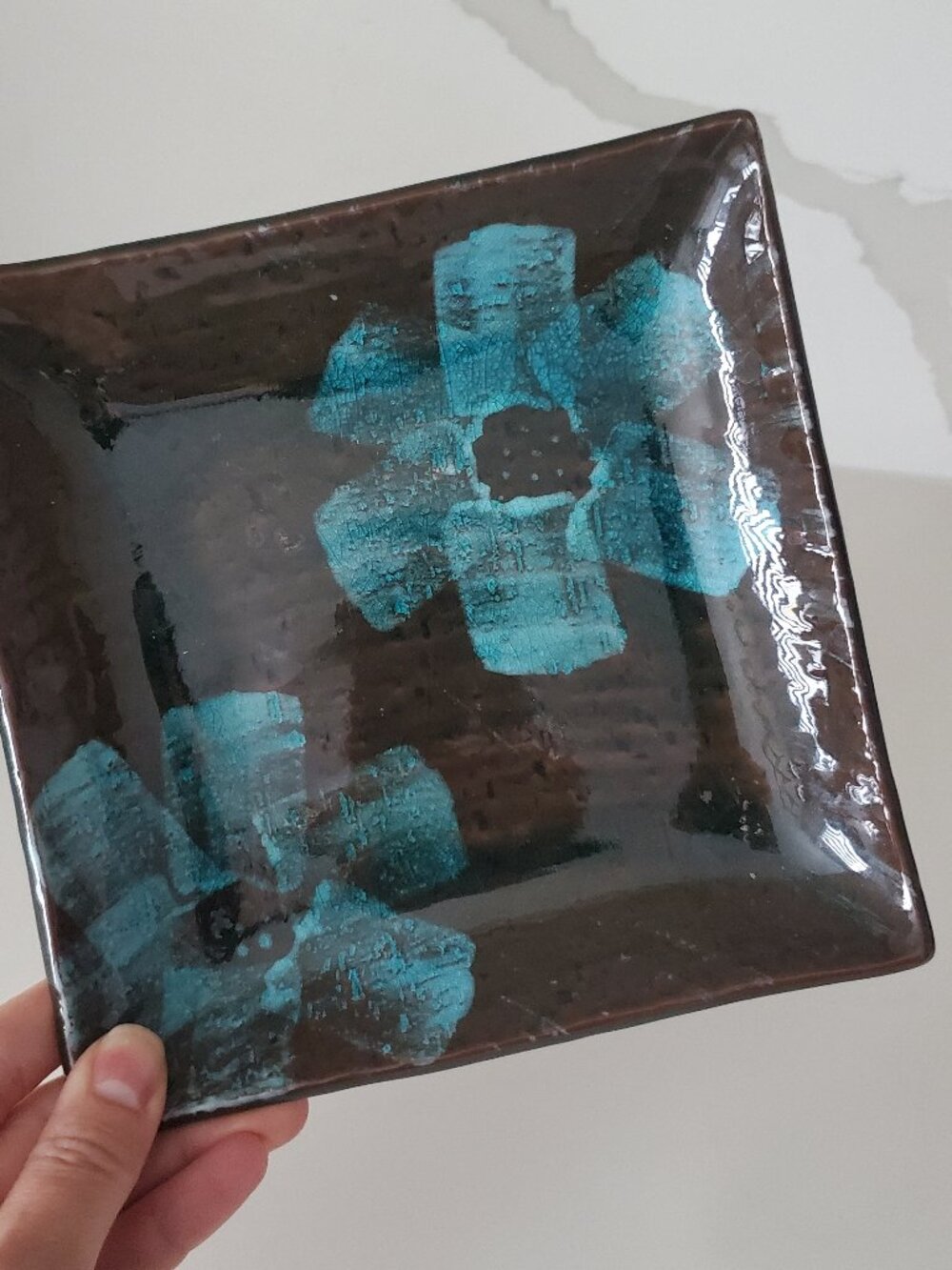 Vintage Japanese Red Clay Pottery Square Plate Espresso Brown & Teal Florals